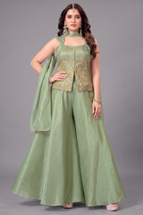 Light Pista Green Tissue Woven Palazzo Suit with Woven Applique Work and Cutdana Bodice