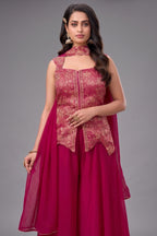 Close up of Rani Pink Brocade Silk Kurta showing Gold Woven Trellis and Cutdana Details