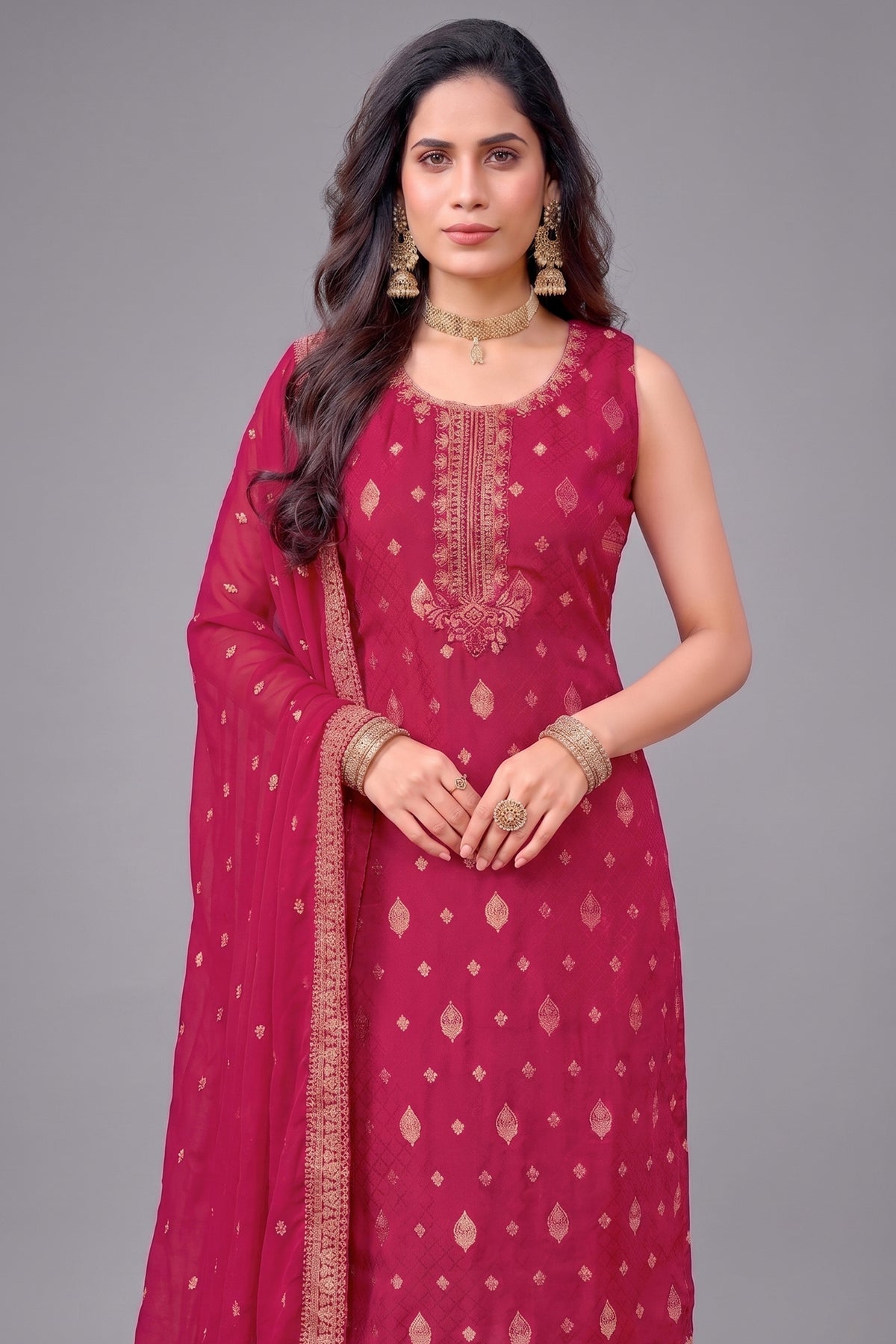 Close up of Rani Pink Art Silk Kurta showing Fine Weaving and Embroidery Details