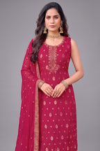 Close up of Rani Pink Art Silk Kurta showing Fine Weaving and Embroidery Details