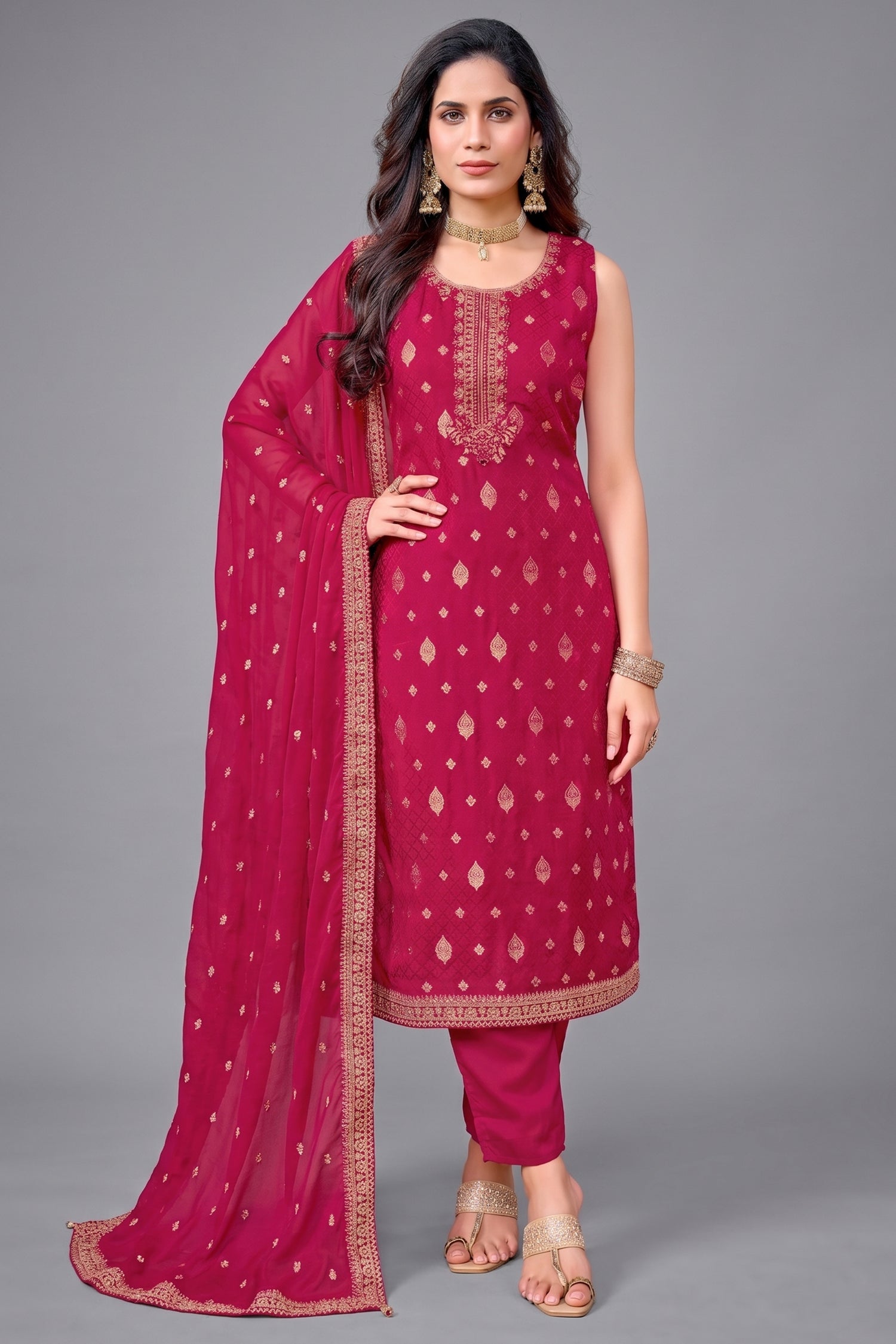 Rani Pink Art Silk Woven Straight Cut Suit with Intricate Neckline Embroidery Main image