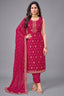 Rani Pink Art Silk Woven Straight Cut Suit with Intricate Neckline Embroidery