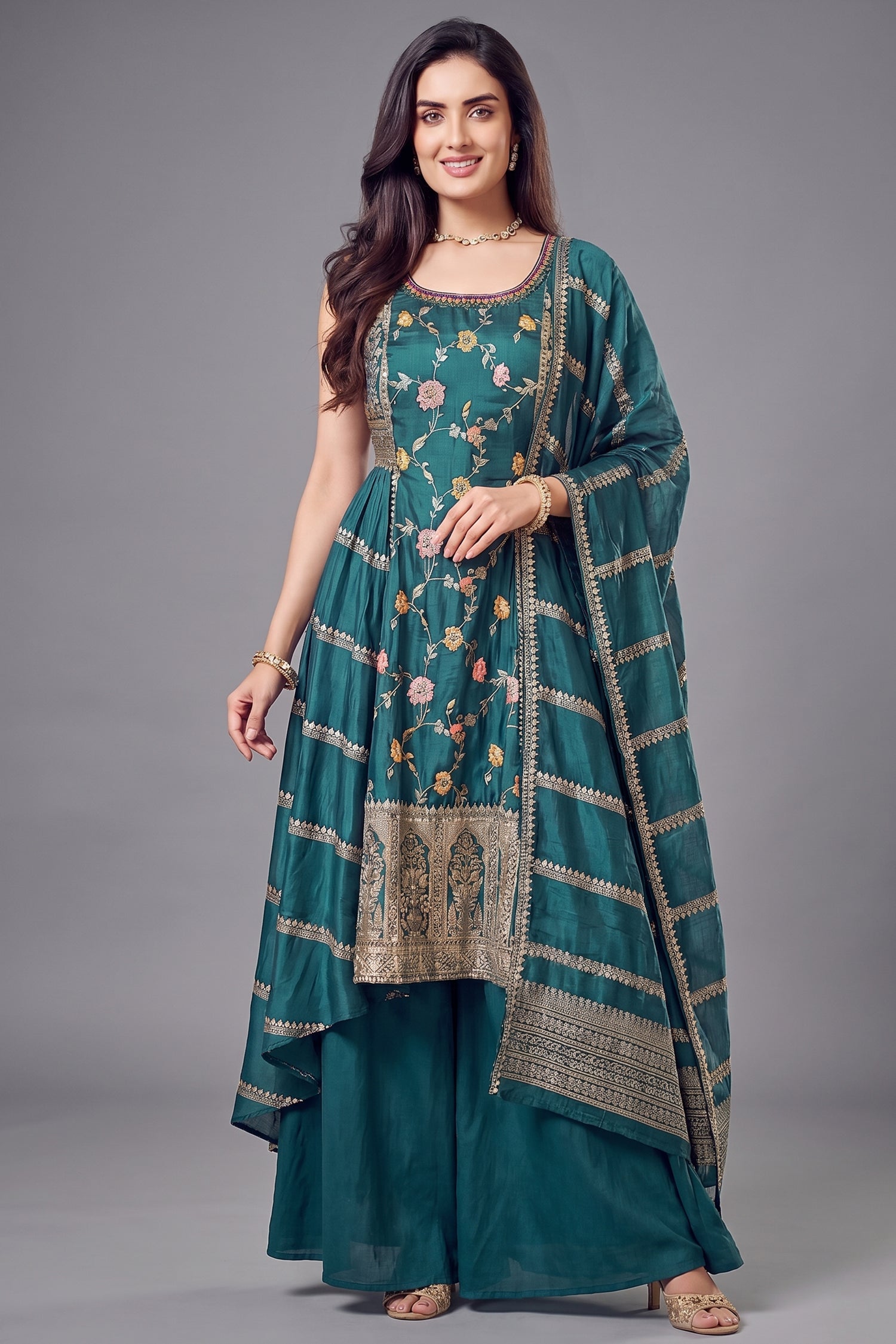 Firozi Chinon Silk Floral Embroidered Palazzo Suit with Multi Color Intricate Embroidery Main image