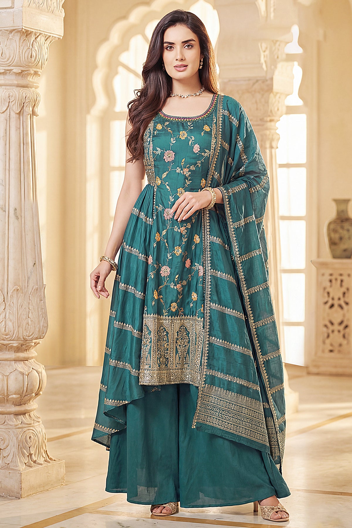 Model wearing Firozi Chinon Silk Floral Embroidered Palazzo Suit with Matching Dupatta