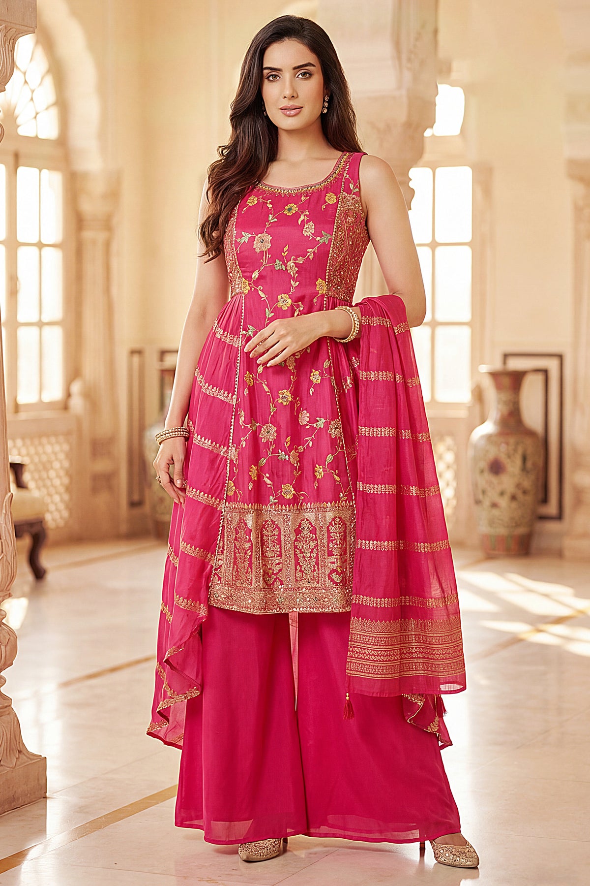 Model wearing Rani Chinon Silk Floral Embroidered Palazzo Suit with Wide Leg Trousers