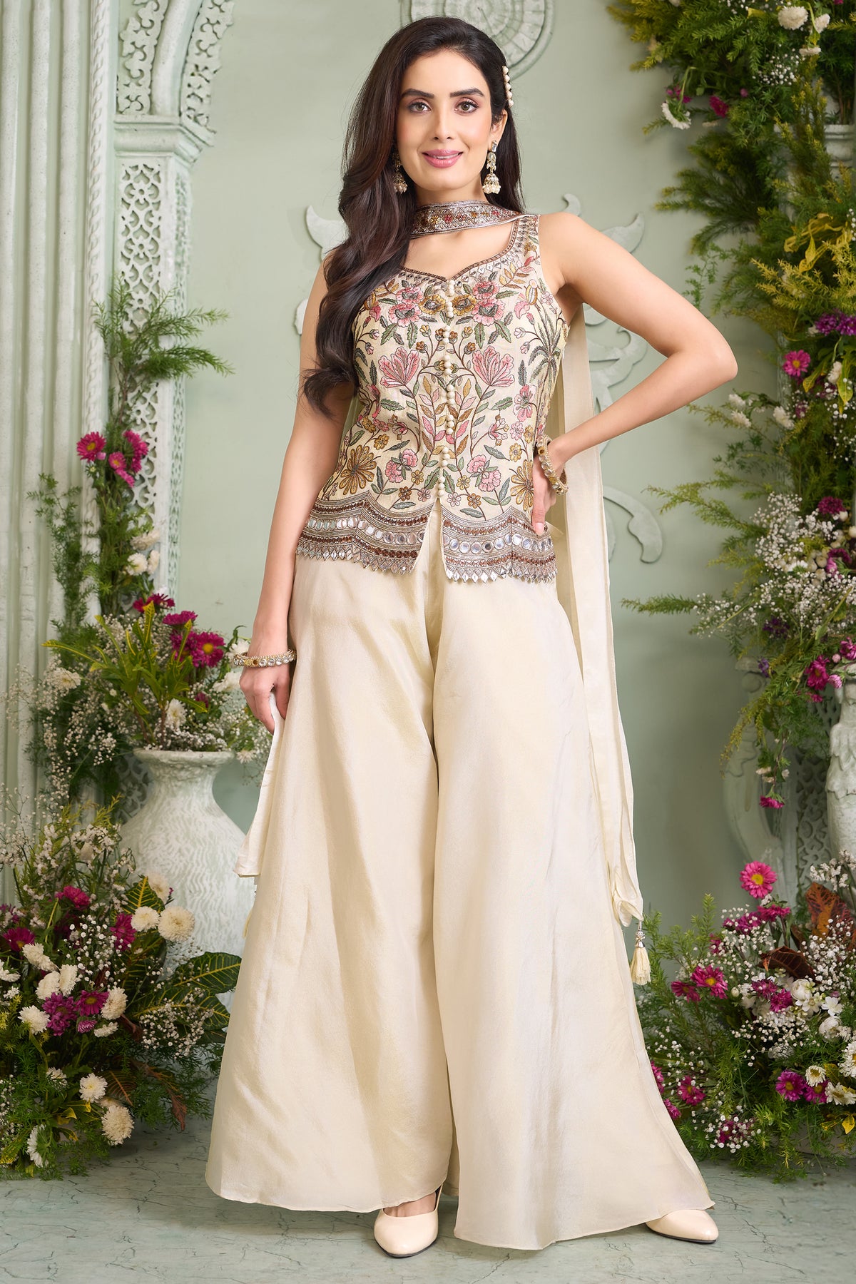 Model wearing Ivory Cream Chinon Silk Peplum Palazzo Set with Matching Dupatta