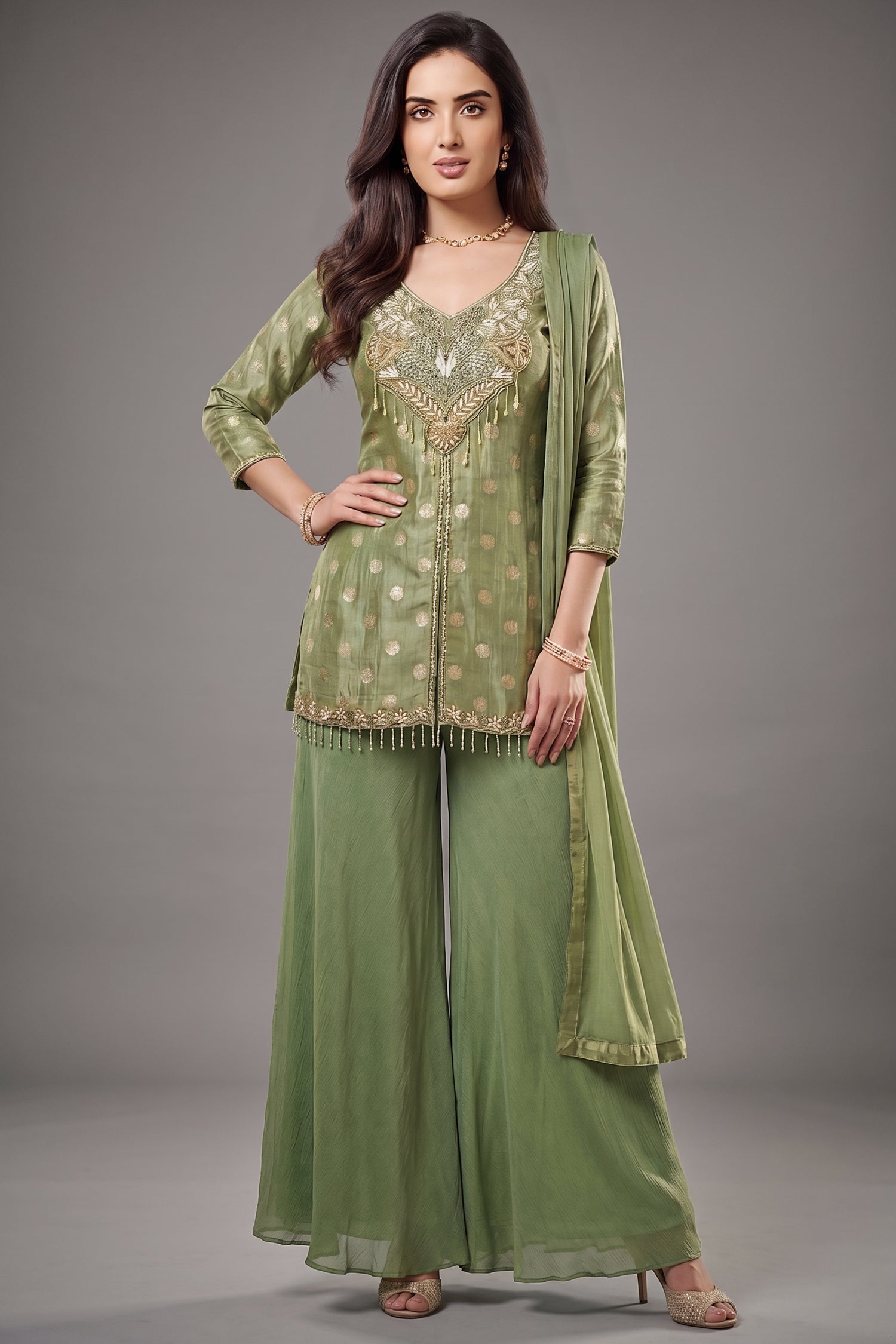 Pista Green Chinon Silk Woven and Mirror Worked Palazzo Suit with Cutdana Embroidery Neckline Main image