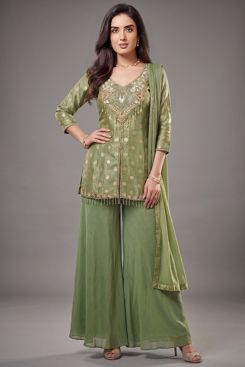 Pista Green Chinon Silk Woven and Mirror Worked Palazzo Suit with Cutdana Embroidery Neckline