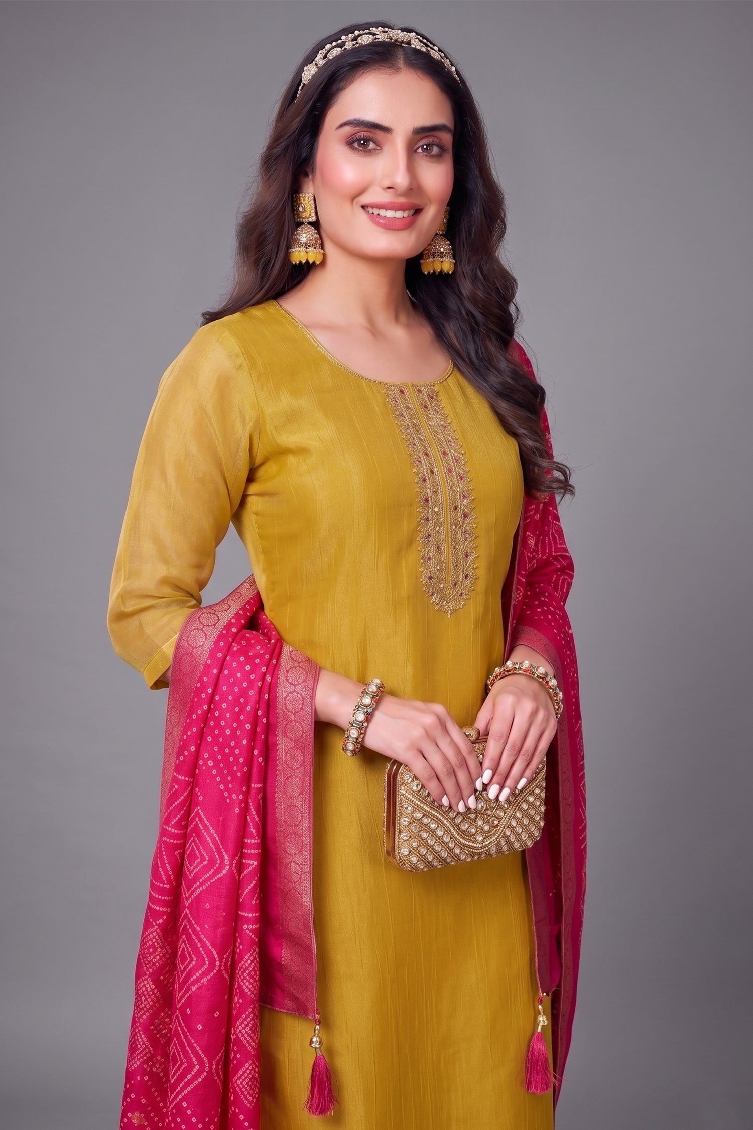 Mustard Yellow Tissue Silk Straight Cut Suit with Contrast Dupatta Secondary image