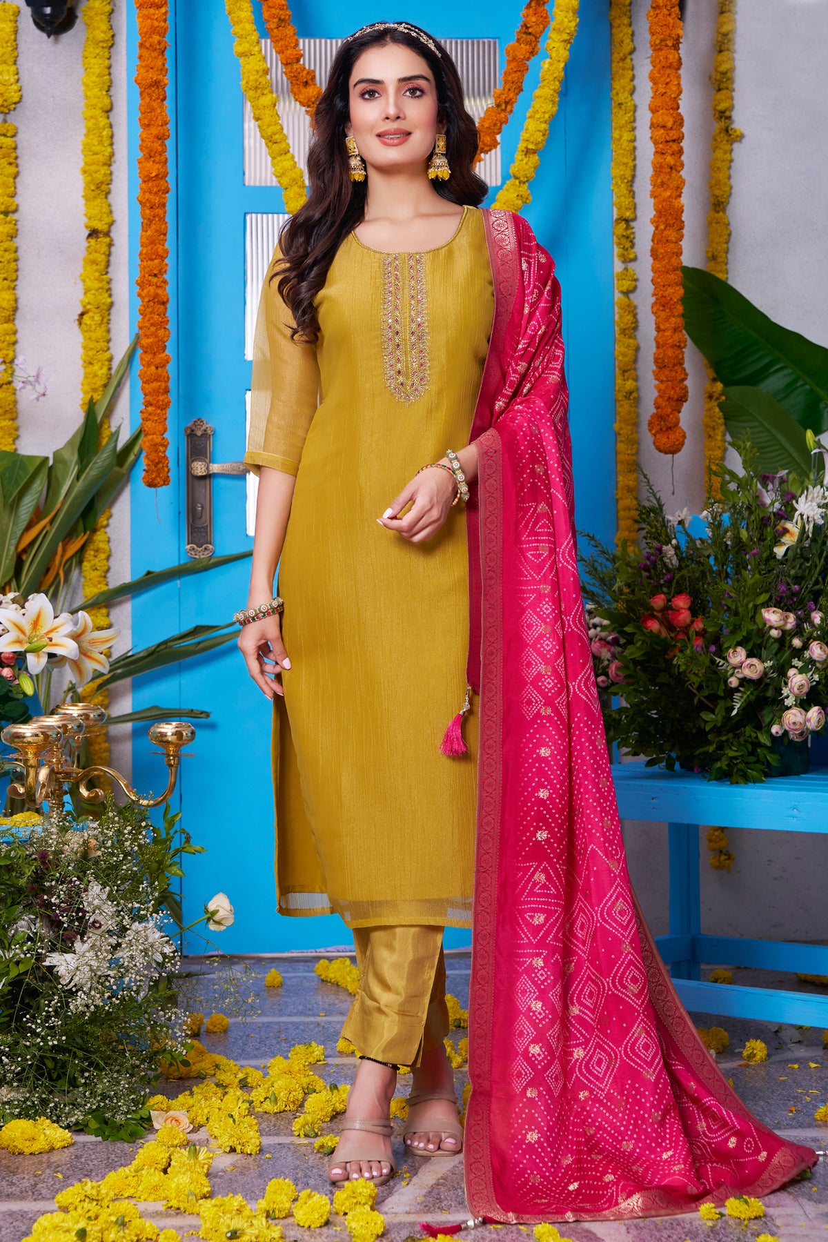 Model wearing Mustard Yellow Tissue Silk Straight Cut Suit with Contrast Dupatta
