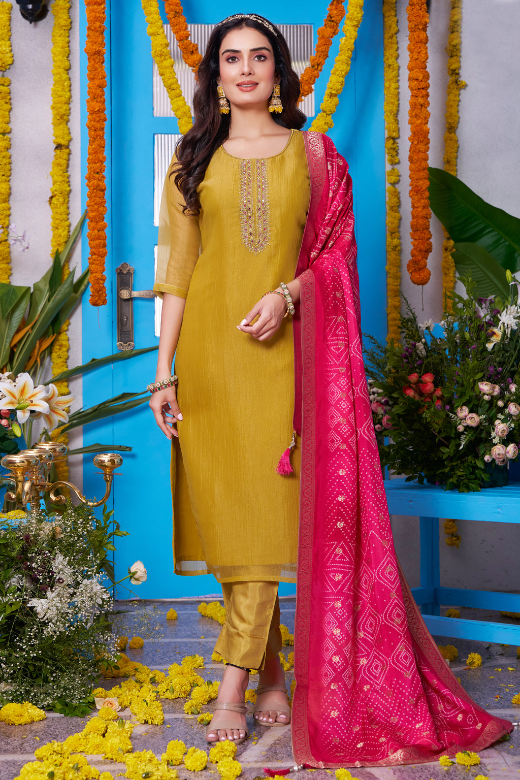 Model wearing Mustard Yellow Tissue Silk Straight Cut Suit with Contrast Dupatta