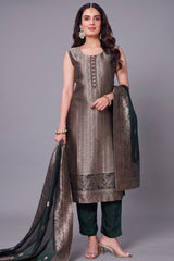 Dark Olive Green Brocade Silk Woven Straight Cut Suit with Cutdana and Beads Neckline