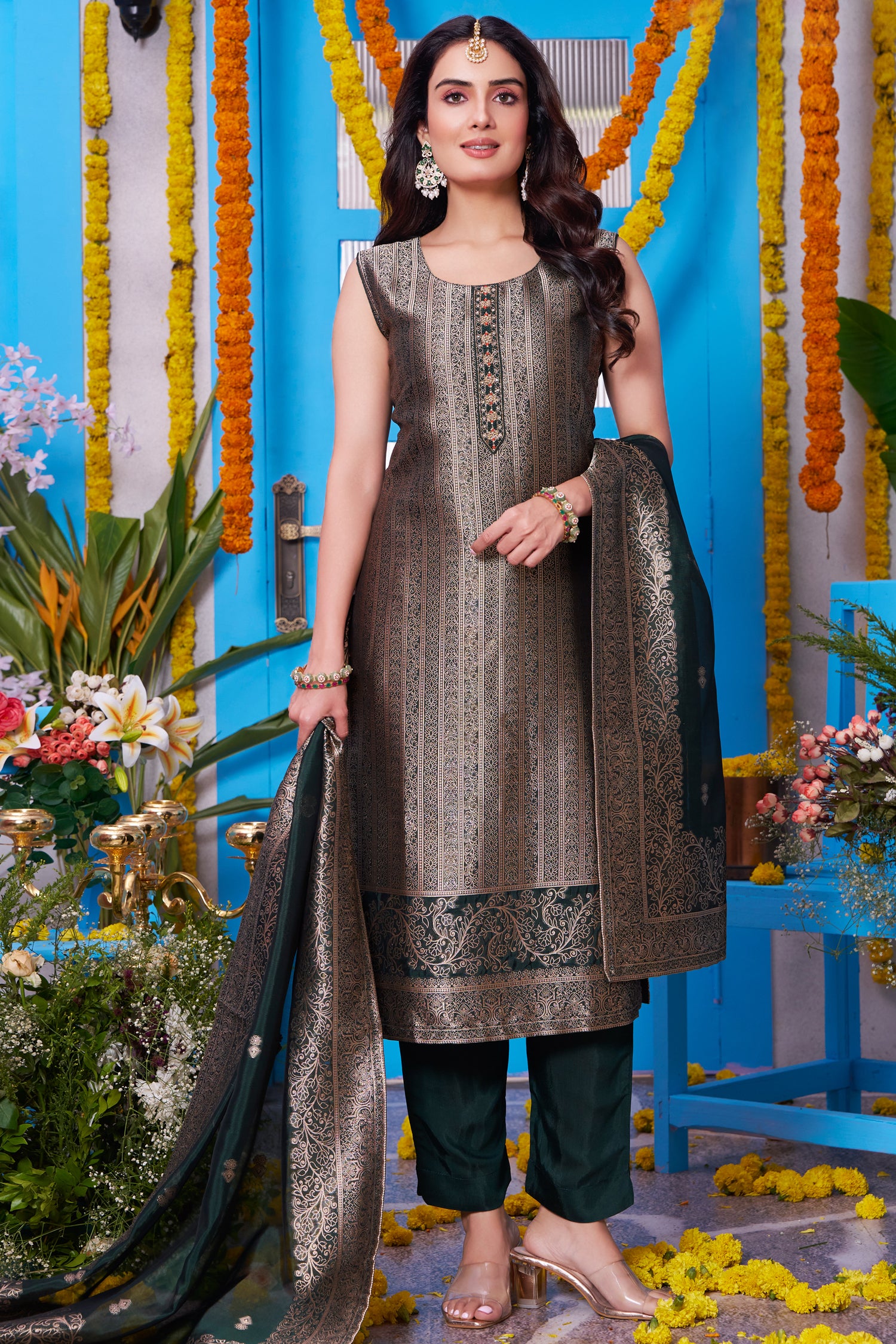 Model wearing Dark Olive Green Brocade Silk Straight Cut Suit with Matching Trousers