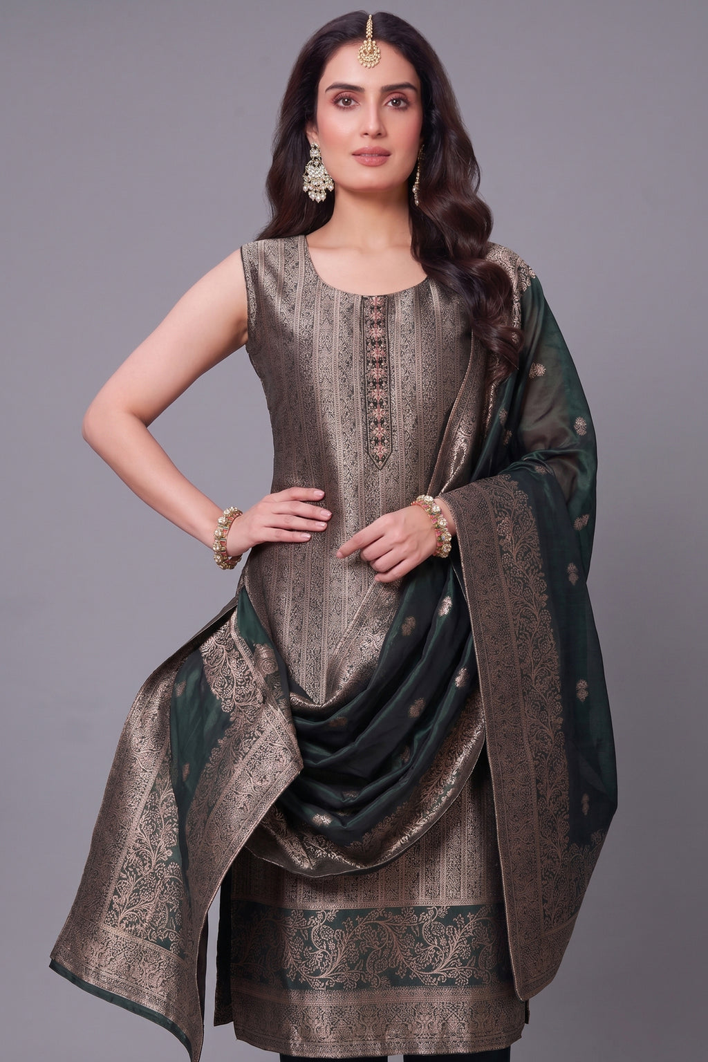 Close up of Dark Olive Green Brocade Silk Kurta showing Gold and Copper Zari Weaving