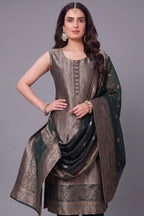 Close up of Dark Olive Green Brocade Silk Kurta showing Gold and Copper Zari Weaving