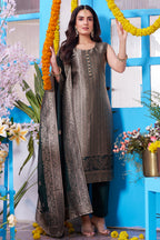 Dark Olive Green Brocade Silk Suit paired with Green Georgette Zari Woven Dupatta
