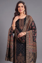 Close up of Black Art Silk Fabric showing Premium Printed Motifs and Texture