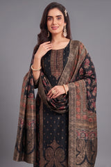 Close up of Black Art Silk Fabric showing Premium Printed Motifs and Texture