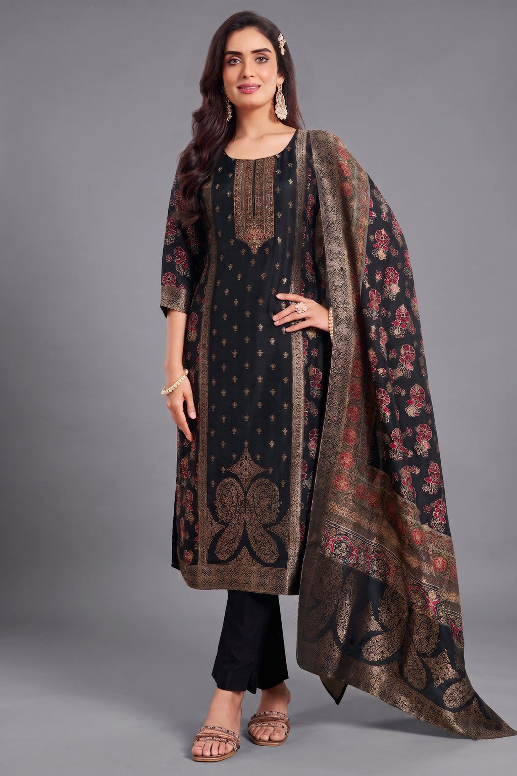 Black Art Silk Printed Straight Cut Suit with Elegant Contemporary Patterns