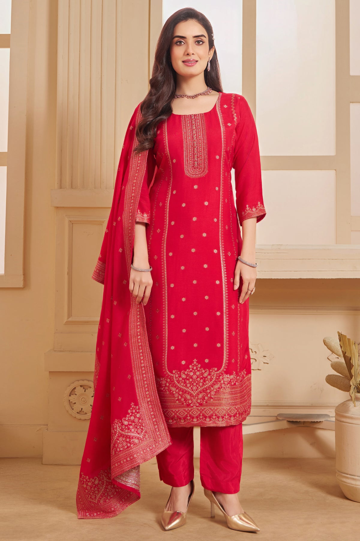 Model wearing Pink Art Silk Woven Straight Cut Suit with Woven Dupatta and Trousers