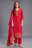 Pink Art Silk Woven Straight Cut Suit with Elegant Zari Weaving Neckline Yoke