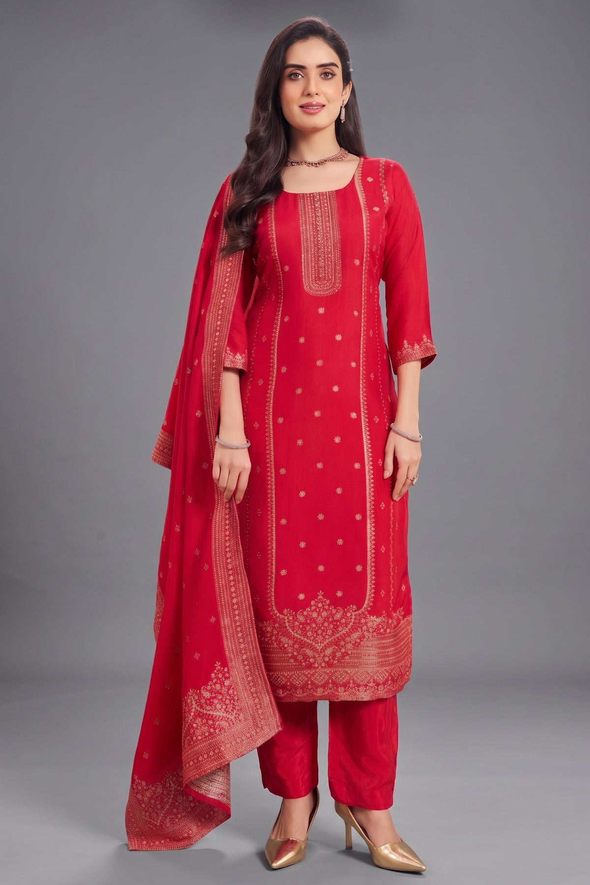 Pink Art Silk Woven Straight Cut Suit with Elegant Zari Weaving Neckline Yoke