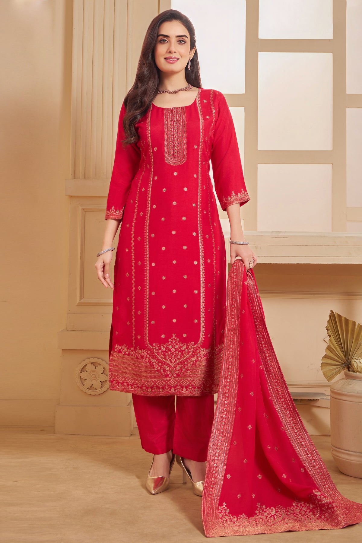 Back view of Pink Art Silk Woven Straight Cut Festive Suit