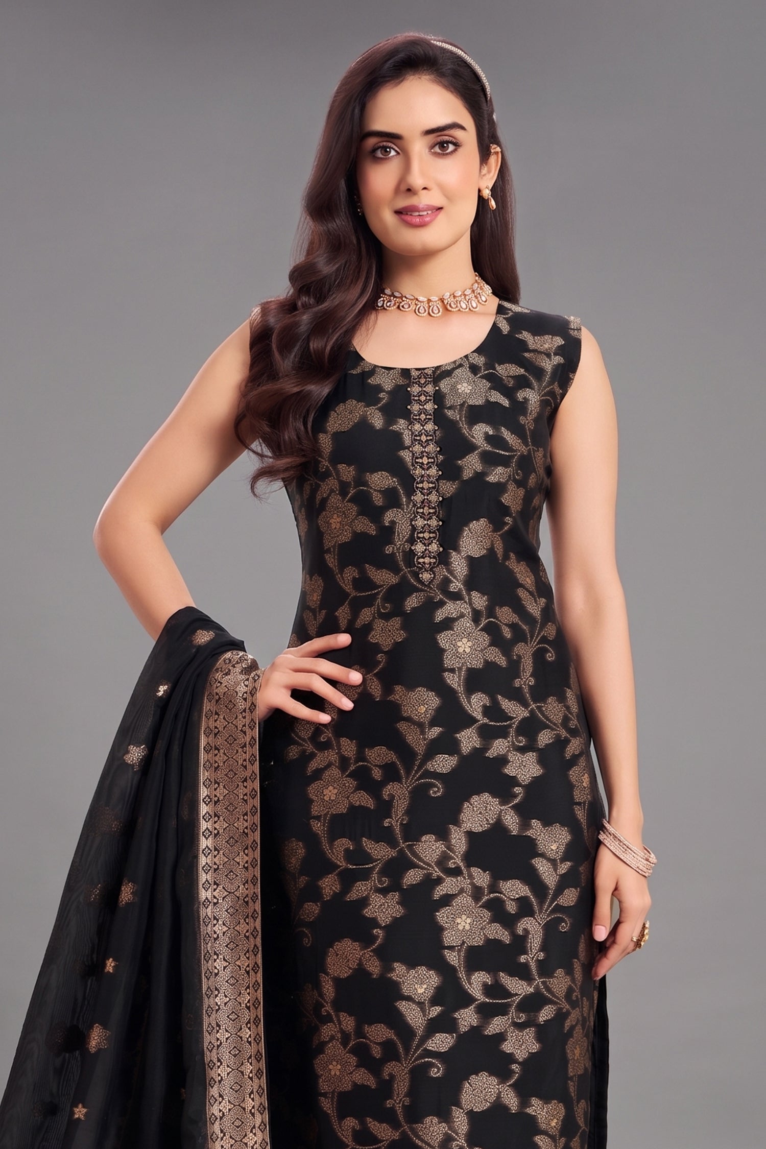 Black Georgette Jacquard Woven Straight Cut Suit Secondary image