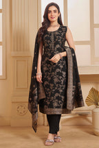 Model wearing Black Georgette Jacquard Woven Straight Cut Suit with Matching Dupatta