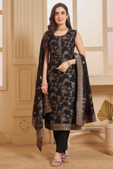 Model wearing Black Georgette Jacquard Woven Straight Cut Suit with Matching Dupatta