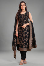 Black Georgette Jacquard Woven Straight Cut Suit with Elegant Embroidery Neckline