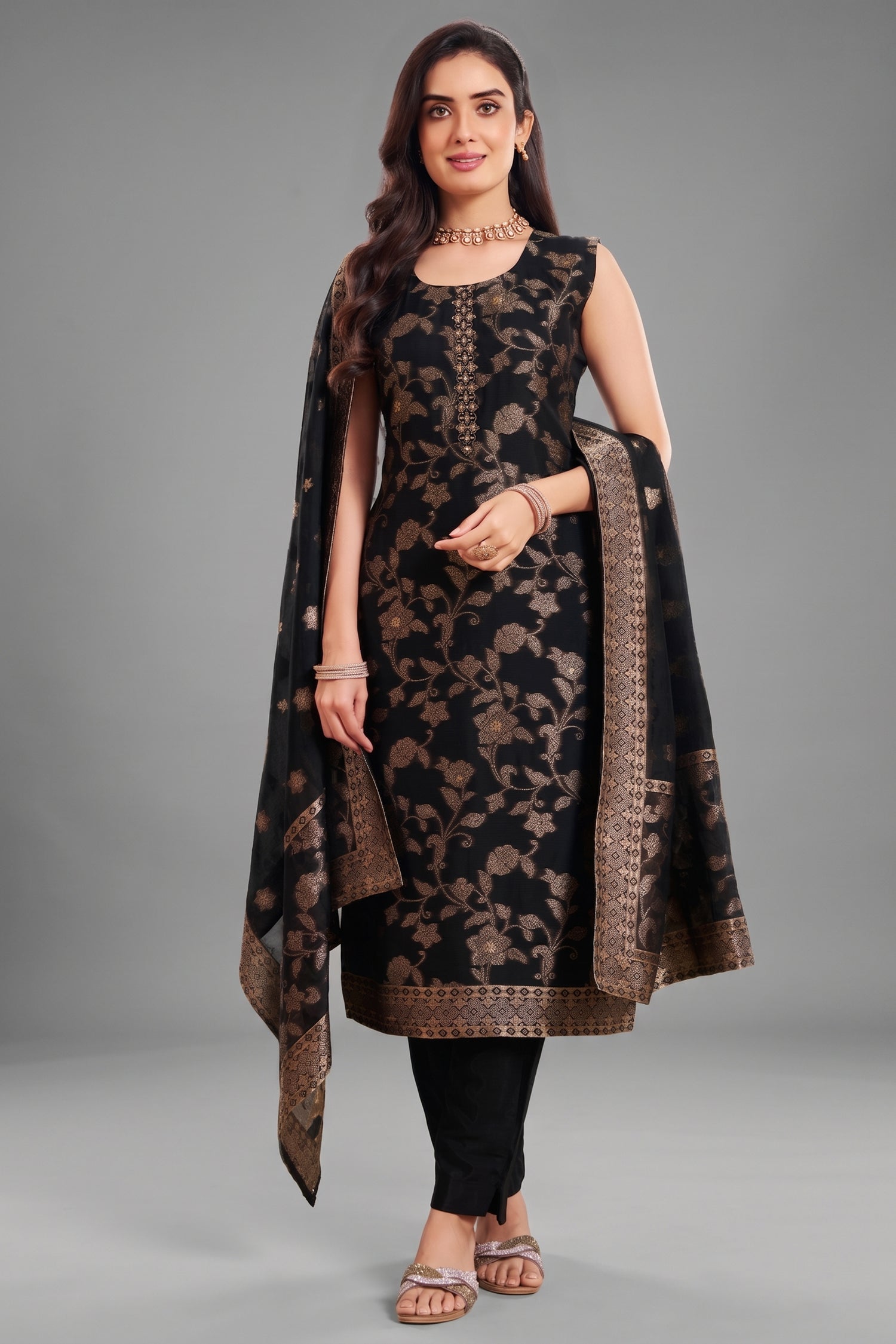 Black Georgette Jacquard Woven Straight Cut Suit with Elegant Embroidery Neckline