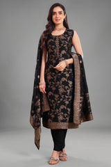 Black Georgette Jacquard Woven Straight Cut Suit with Elegant Embroidery Neckline