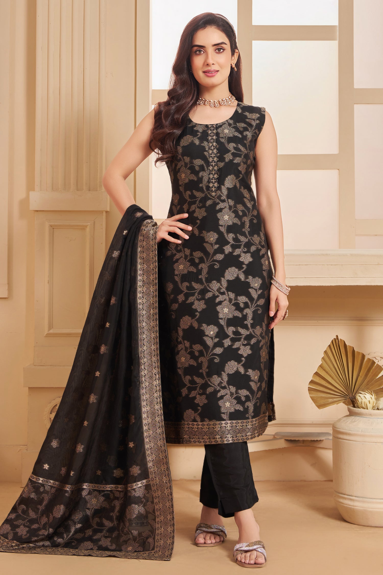 Shop our Black Georgette Jacquard Woven Straight Cut Suit. Features premium georgette fabric, classic jacquard weaving, and an elegant, sophisticated silhouette.