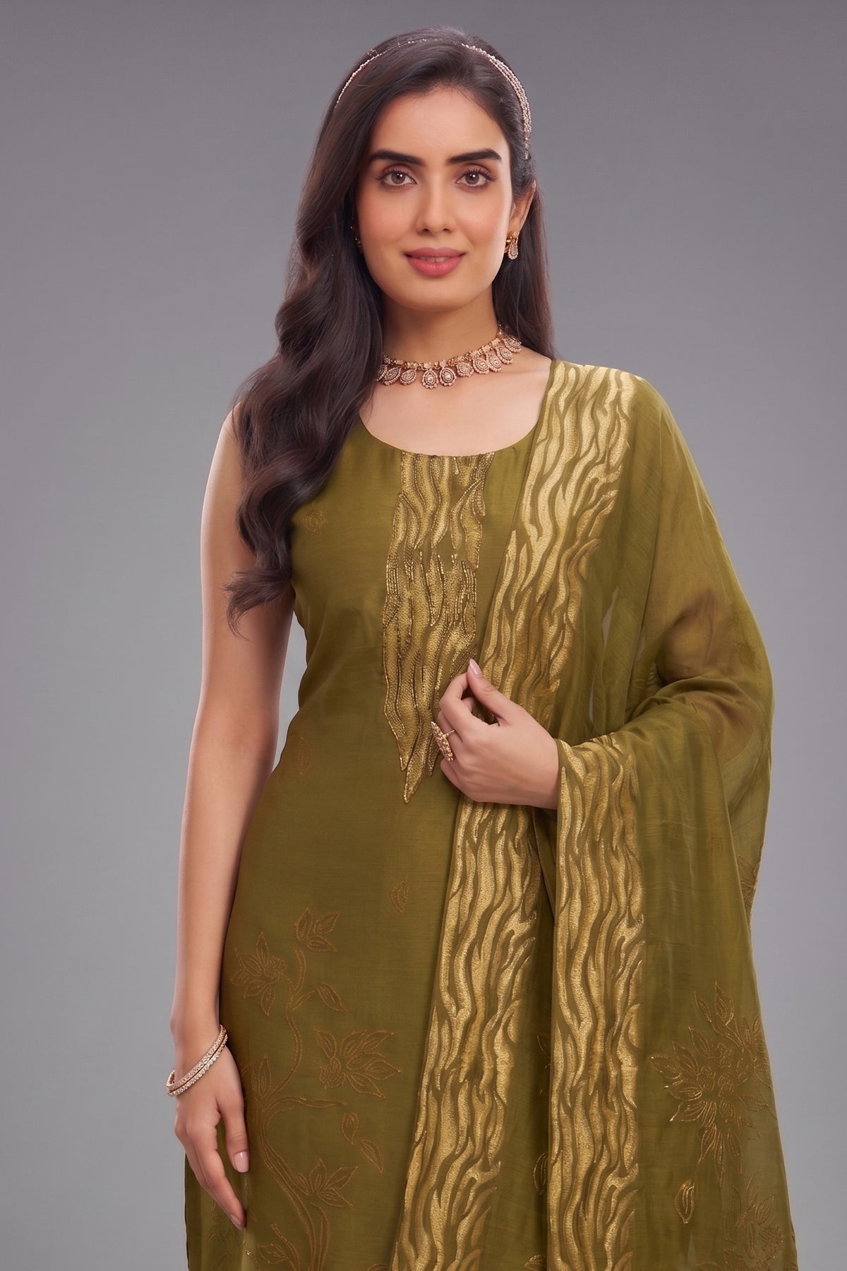 Close up of Olive Green Tissue Organza Kurta showing Jacquard Floral Weaving