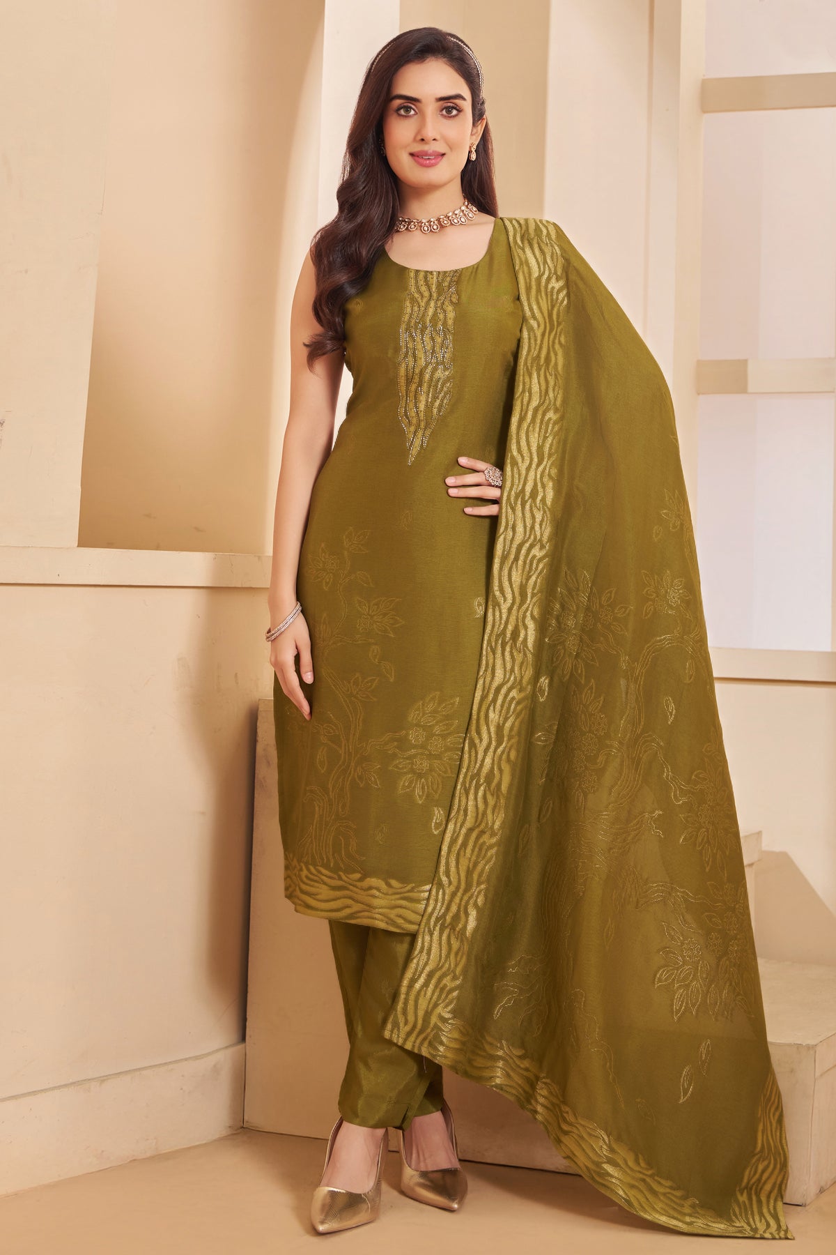 Back view of Olive Green Tissue Organza Straight Cut Festive Suit