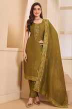 Back view of Olive Green Tissue Organza Straight Cut Festive Suit