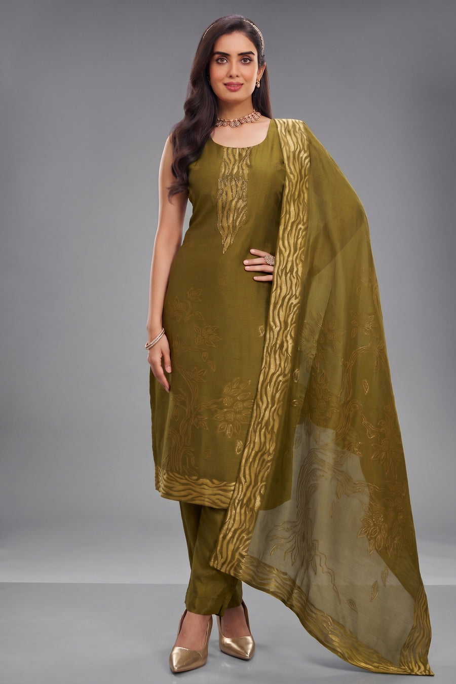 Olive Green Tissue Organza Straight Cut Suit with Cutdana Work Bodice
