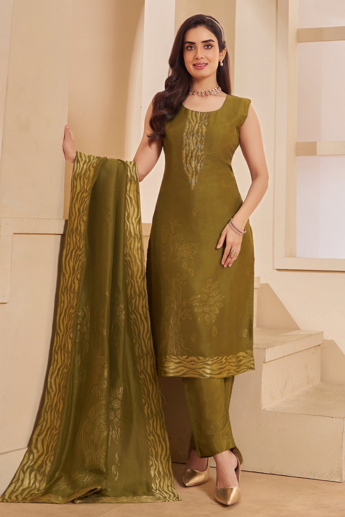 Model wearing Olive Green Tissue Organza Straight Cut Suit with Coordinated Trousers