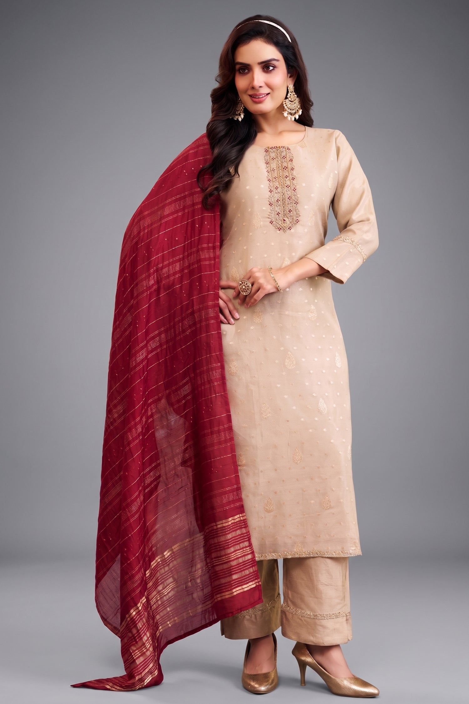 Pale Peach Tissue Woven Straight Cut Suit with Cutdana Embroidery Neckline