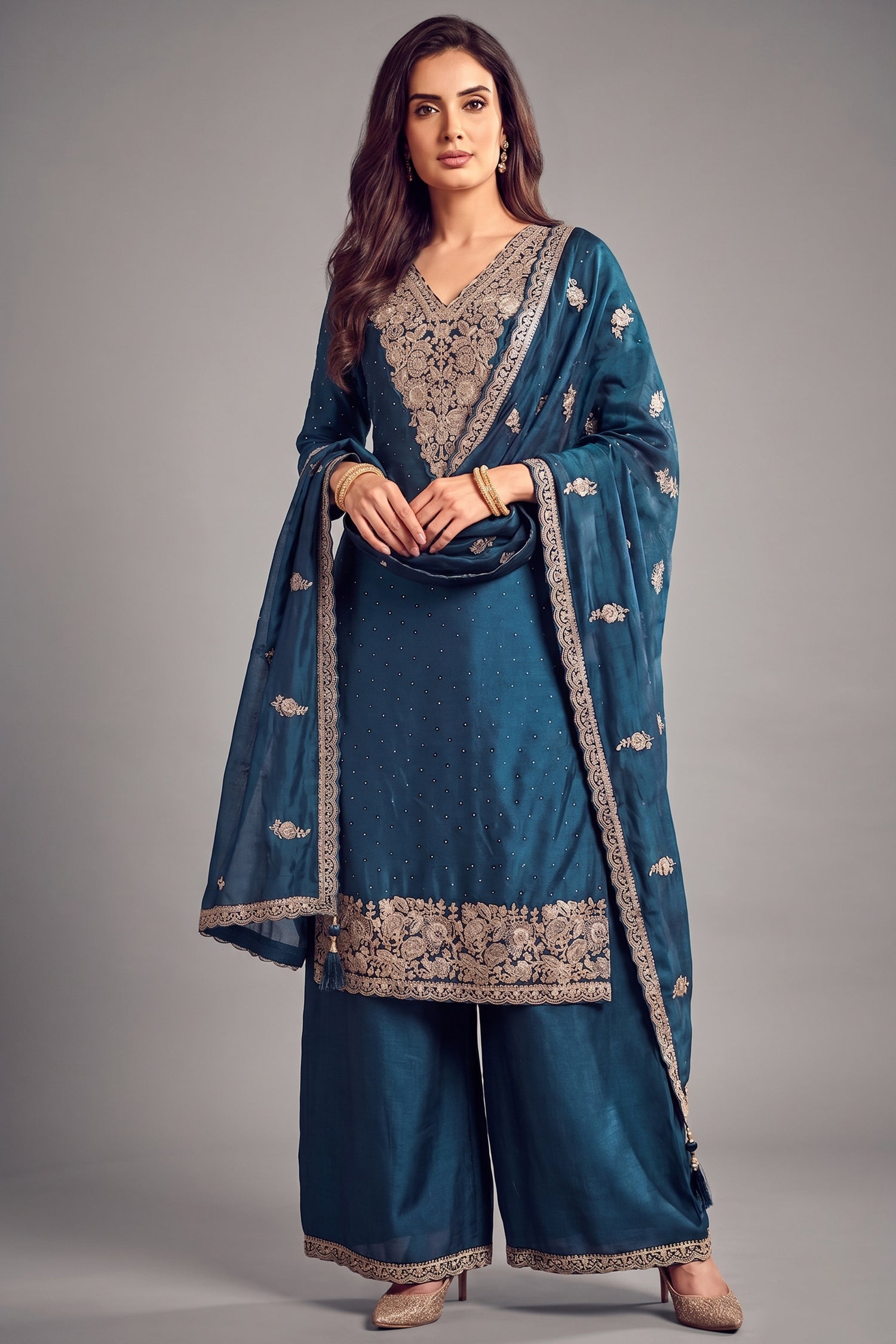 Rama blue art silk embroidered palazzo suit with matching dupatta Main image