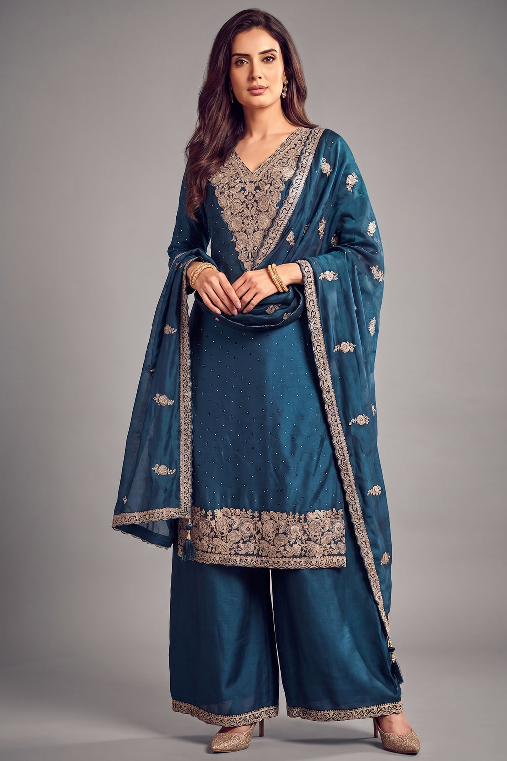 Rama blue art silk embroidered palazzo suit with matching dupatta