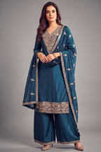 Rama blue art silk embroidered palazzo suit with matching dupatta