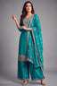 Turquoise blue art silk floral embroidered palazzo suit for festive wear