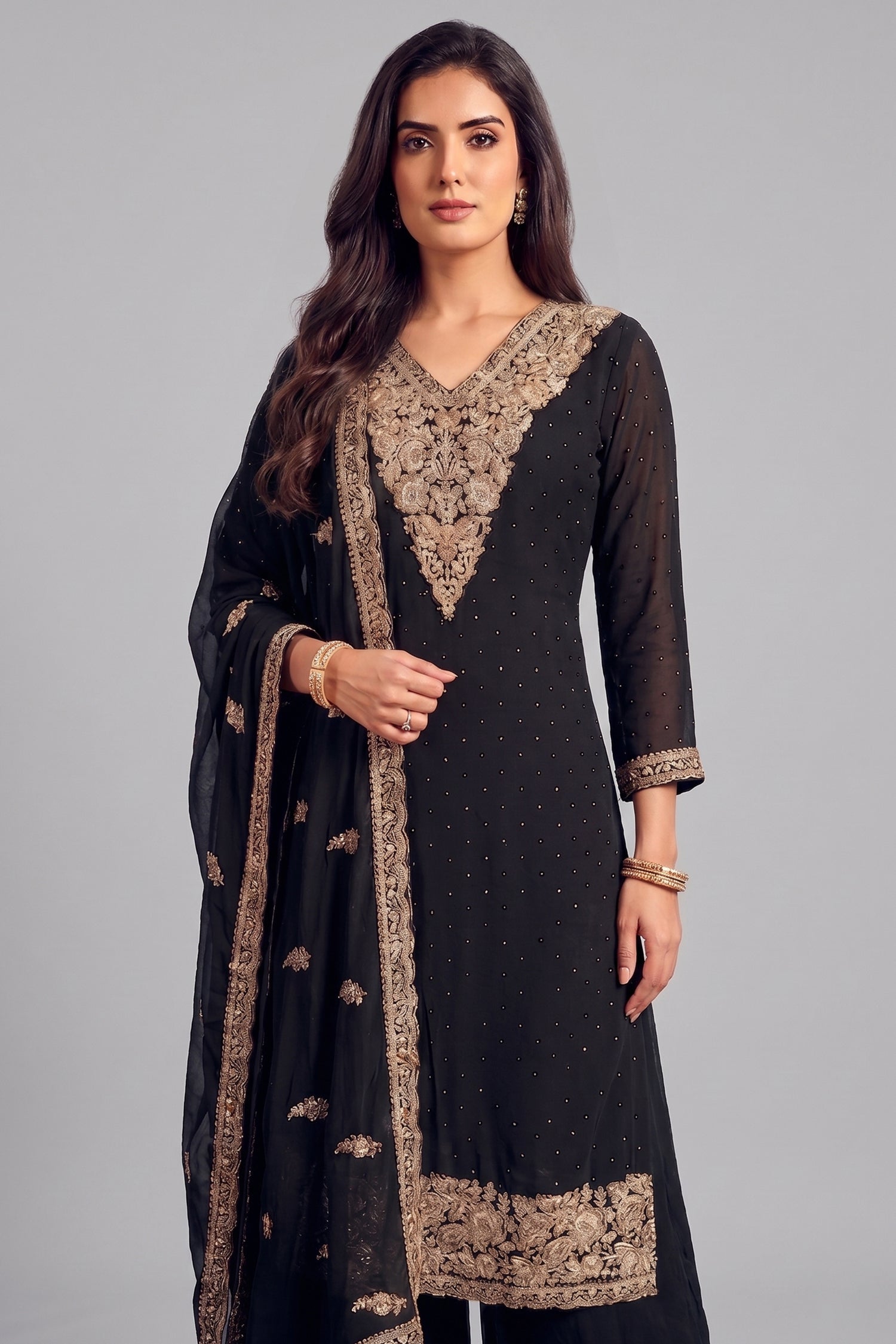 Black Art Silk Floral Embroidered Palazzo Suit Secondary image