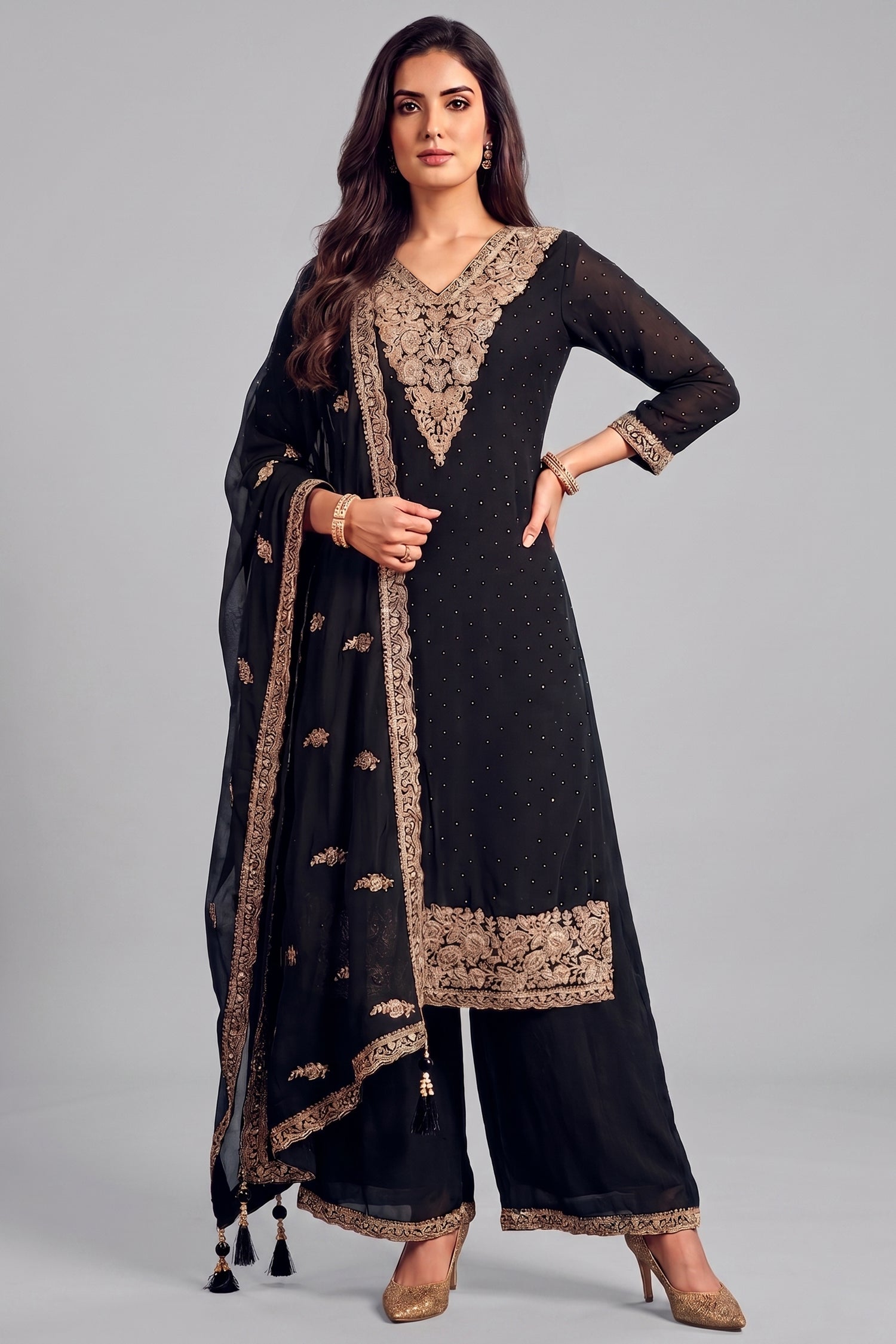 Black art silk floral embroidered palazzo suit with antique silver work Main image