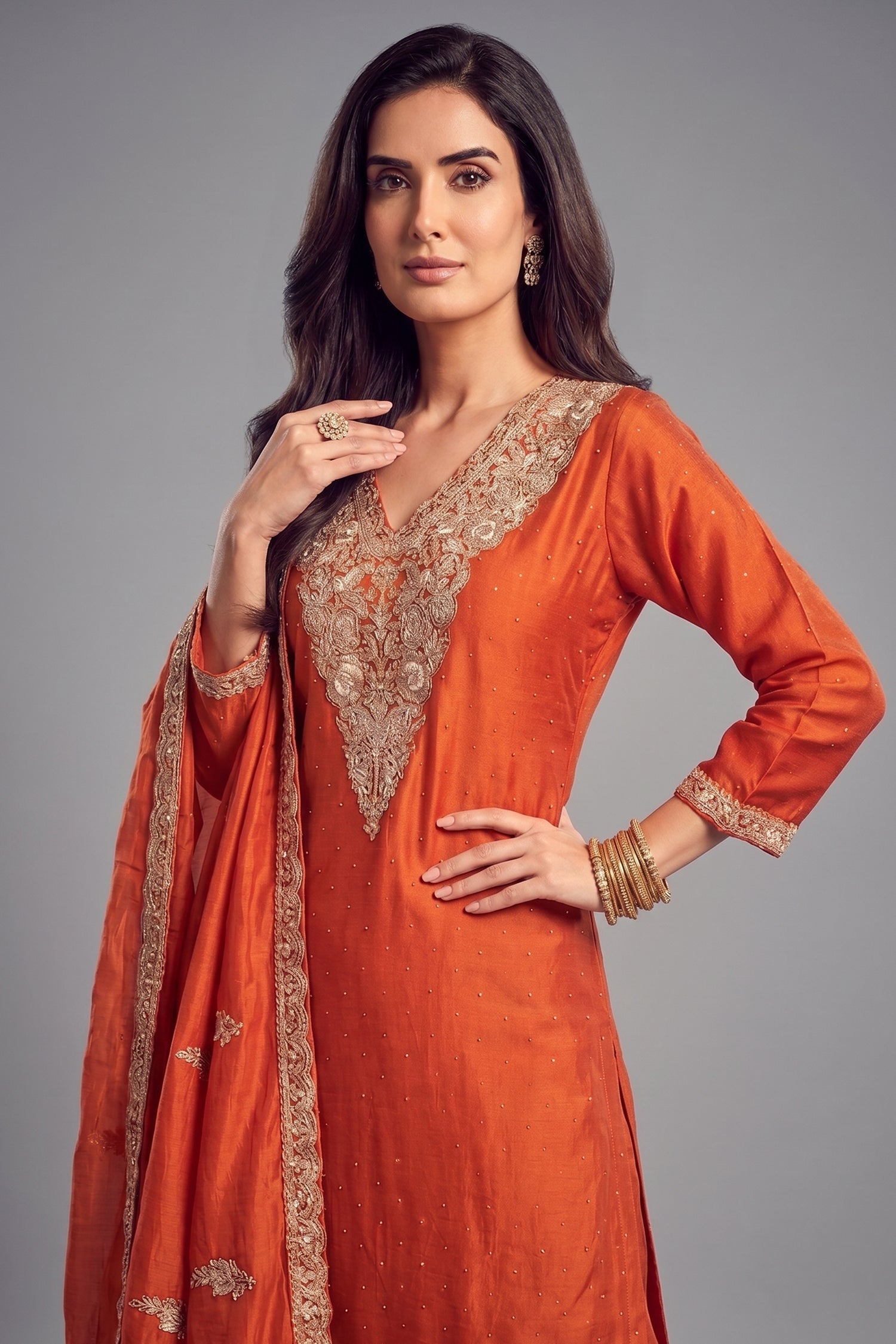 Orange Art Silk Floral Embroidered Palazzo Suit Secondary image