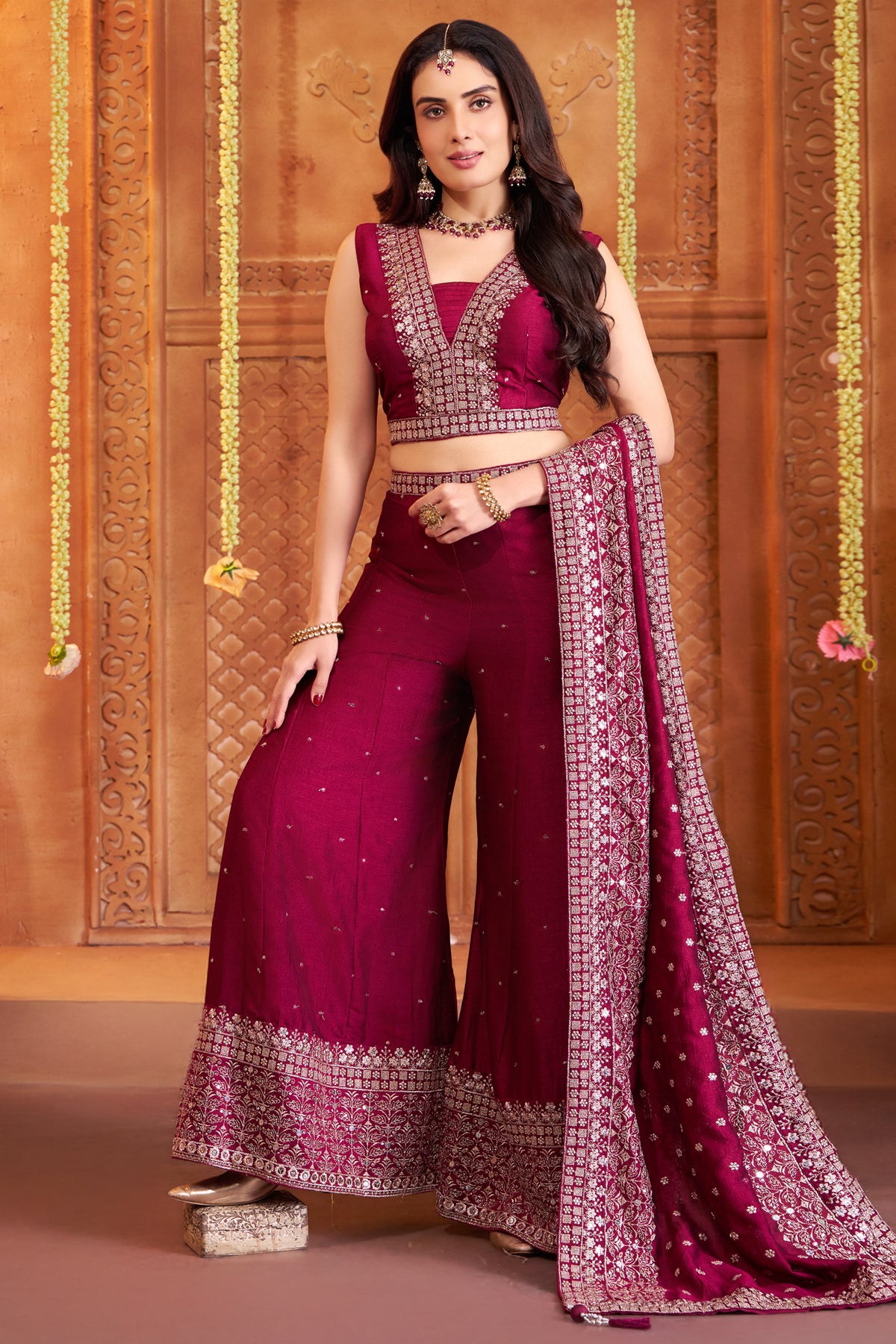 Traditional wine art silk crop top palazzo set with sequined dupatta