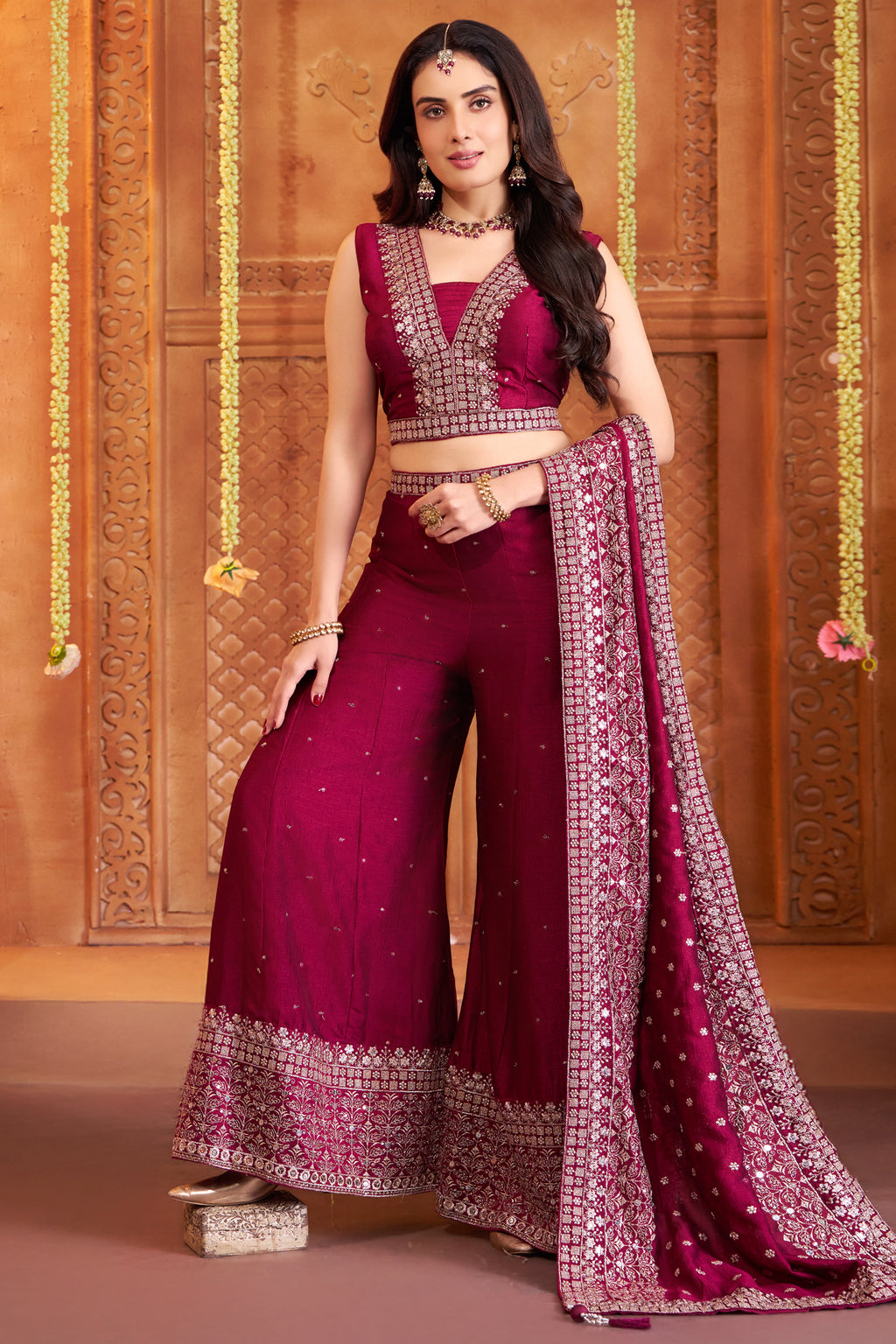Traditional wine art silk crop top palazzo set with sequined dupatta