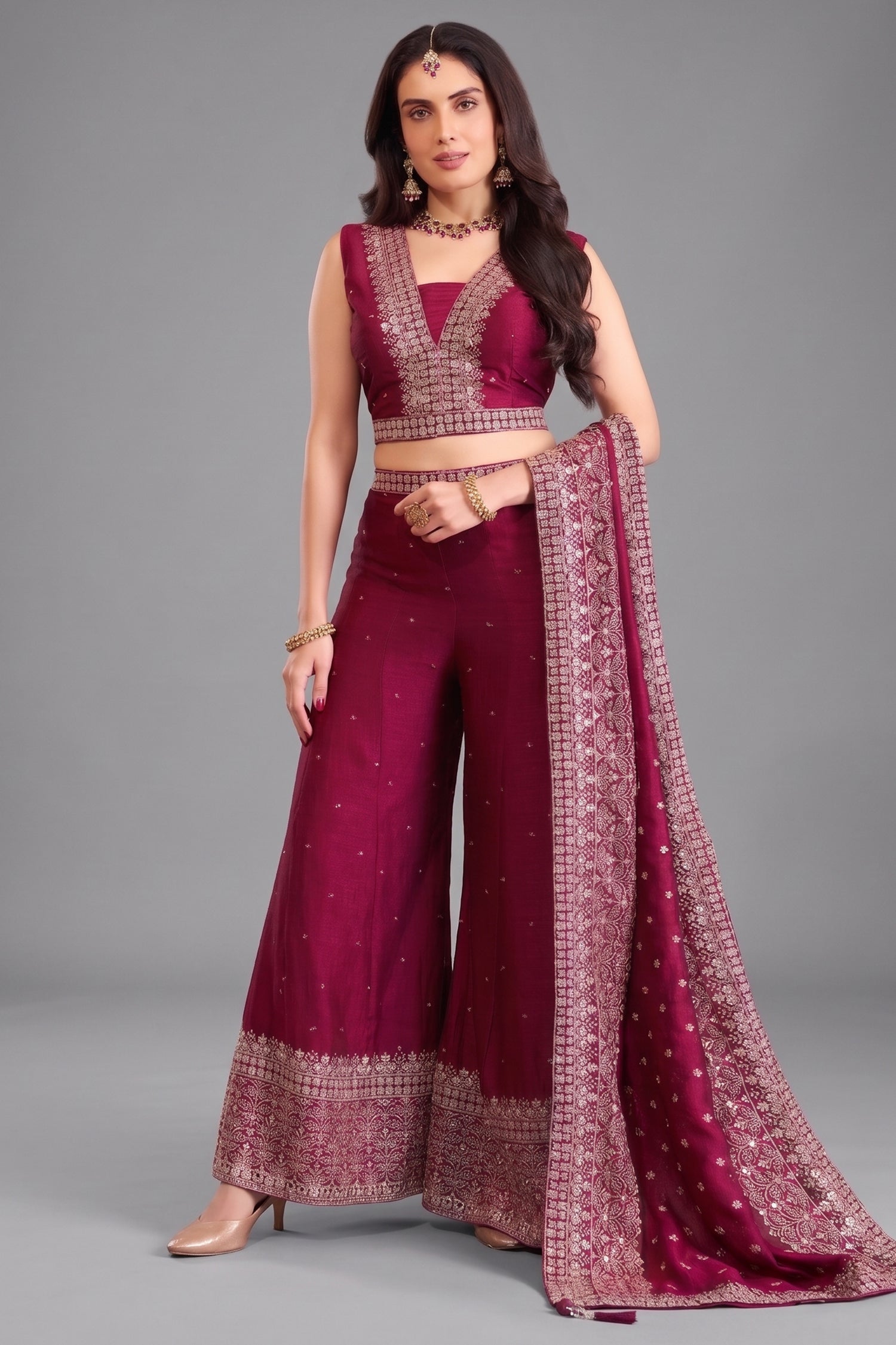Wine art silk sequin embroidered crop top palazzo set for weddings